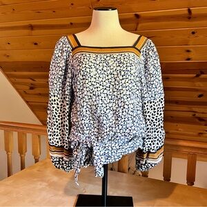 Maeve Women's Printed Square-Neck Blouse with Tie Waist - Blue & Gold Size S